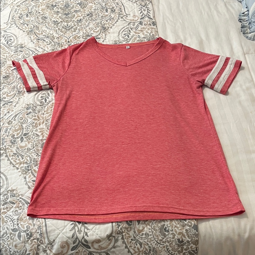 Women’s Red V-Neck Shirt with Striped Sleeves